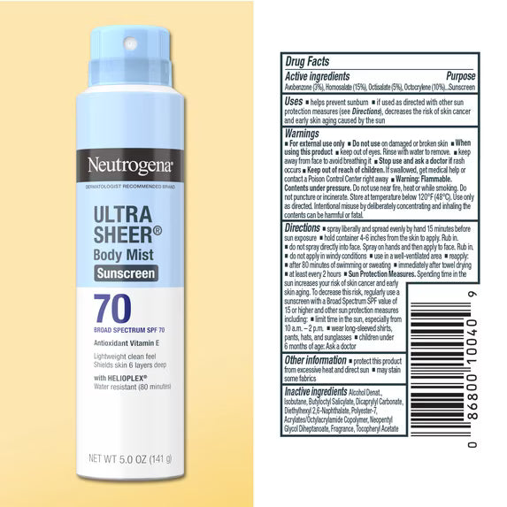 Neutrogena – Protector Solar en Spray Ultra Sheer SPF 70 5 oz