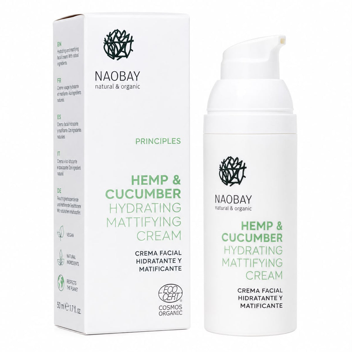 NAOBAY Principles Hemp & Cucumber – Crema Facial Hidratante y Matificante 50 ml