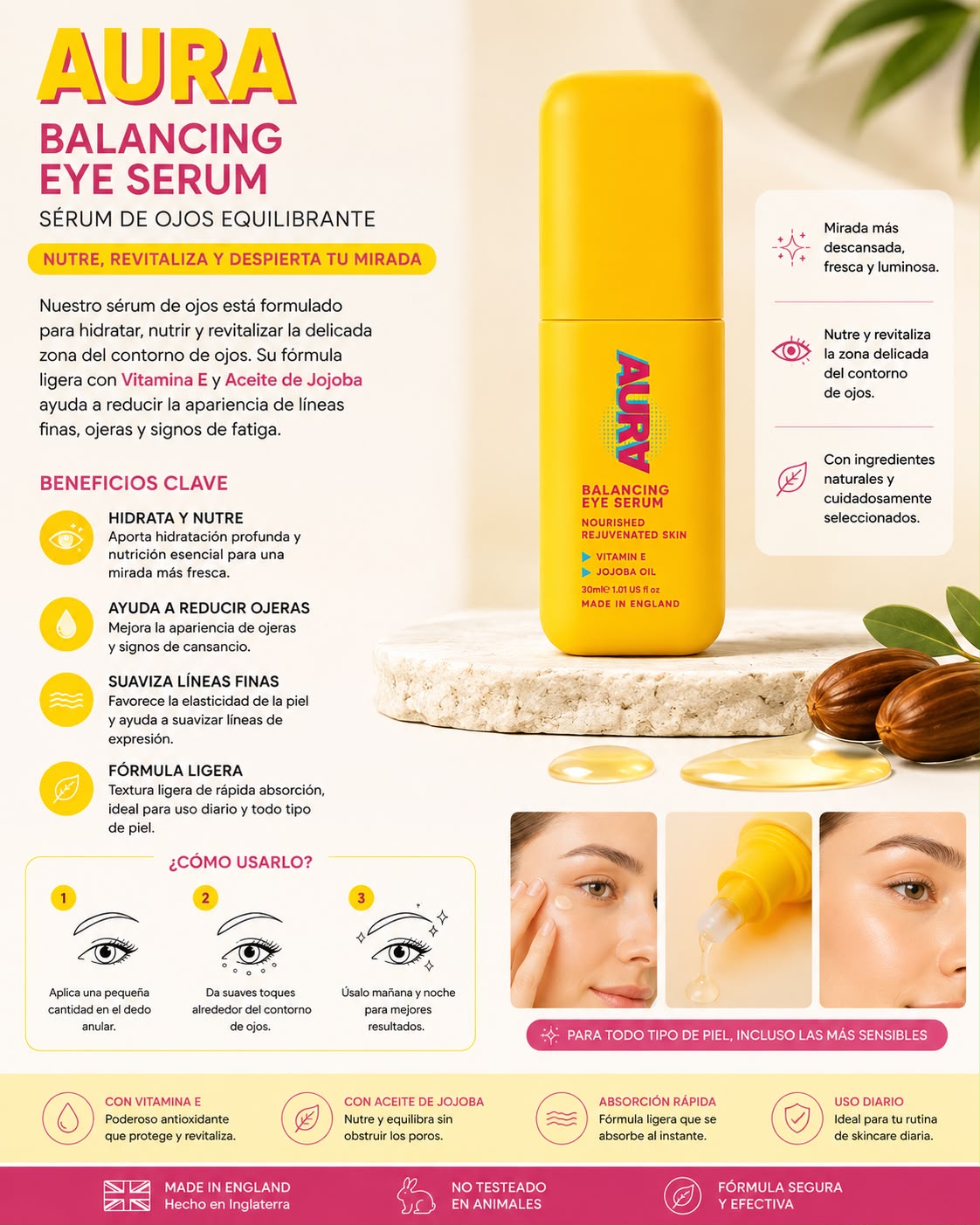 AURA Balancing Eye Serum – Sérum Equilibrante para el Contorno de Ojos con Vitamina E y Aceite de Jojoba 30 mL