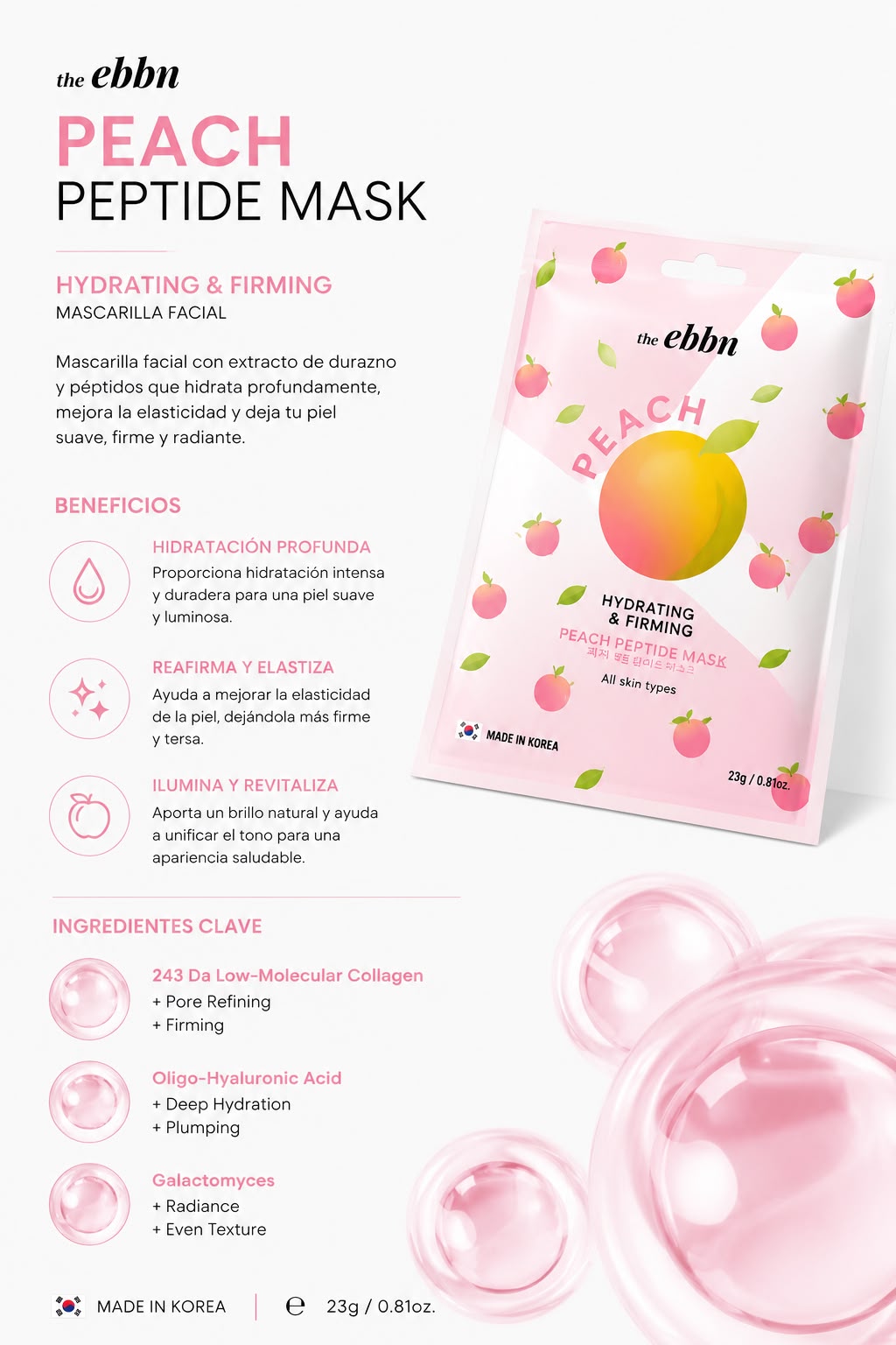 The Ebbn Peach Peptide Mask – Mascarilla Facial Hidratante y Reafirmante 23 g