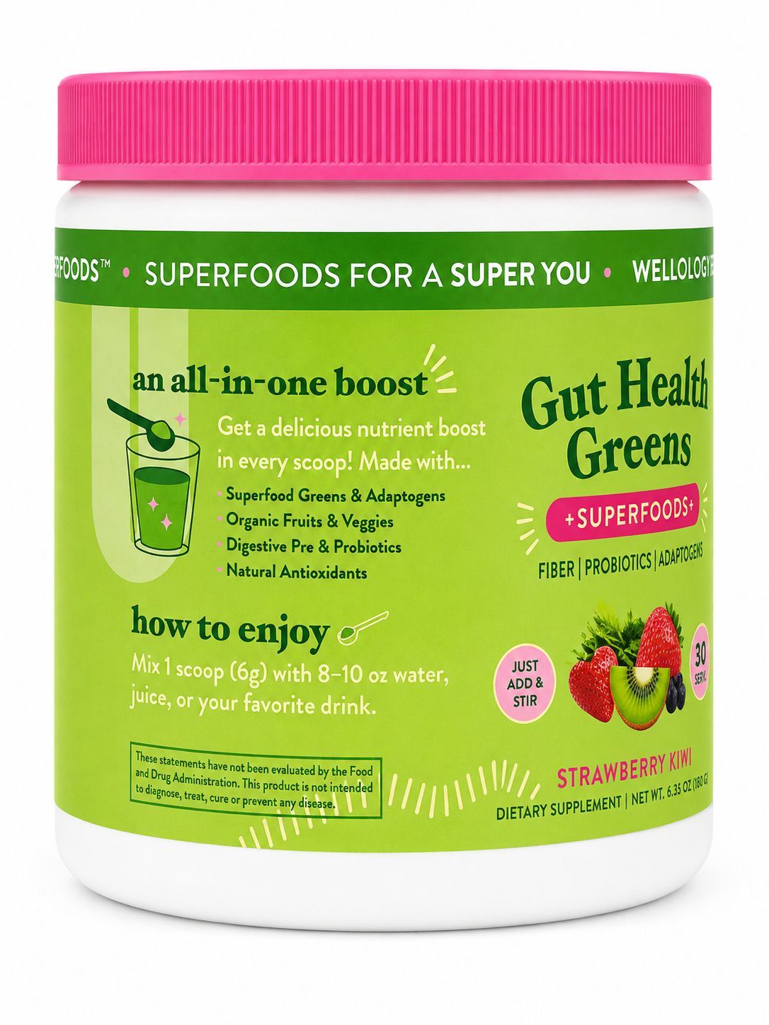 Wellology Labs Gut Health Greens – Suplemento Alimenticio en Polvo Sabor Fresa Kiwi 180 g