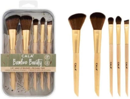 CALA Bamboo Beauty Makeup Brush Set, 5 Pc with Reusable Tray, Contour, Powder, Shadow, Blending and Angled Liner