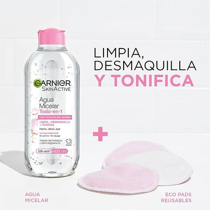 Garnier Micellar Cleansing Water All-in-1 to cleanse, remove makeup, and tone skin