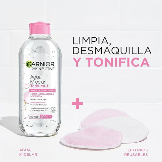 Garnier Micellar Cleansing Water All-in-1 to cleanse, remove makeup, and tone skin
