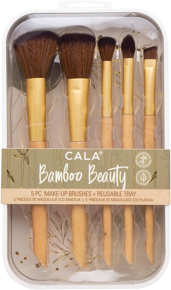 CALA Bamboo Beauty Makeup Brush Set, 5 Pc with Reusable Tray, Contour, Powder, Shadow, Blending and Angled Liner