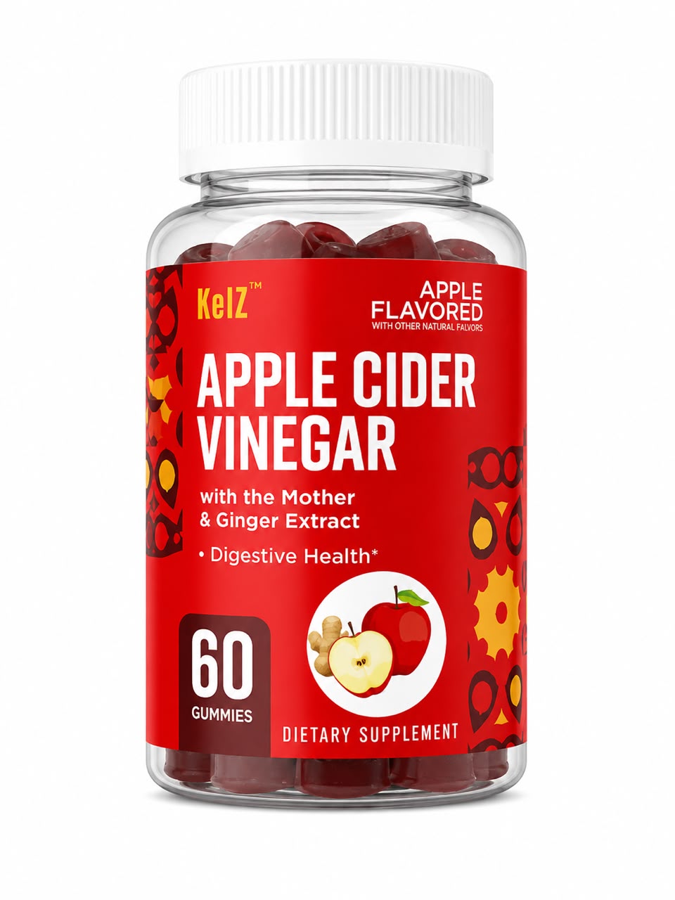 KelZ Apple Cider Vinegar + Ginger - Apple Cider Vinegar Gummies, 60 Count