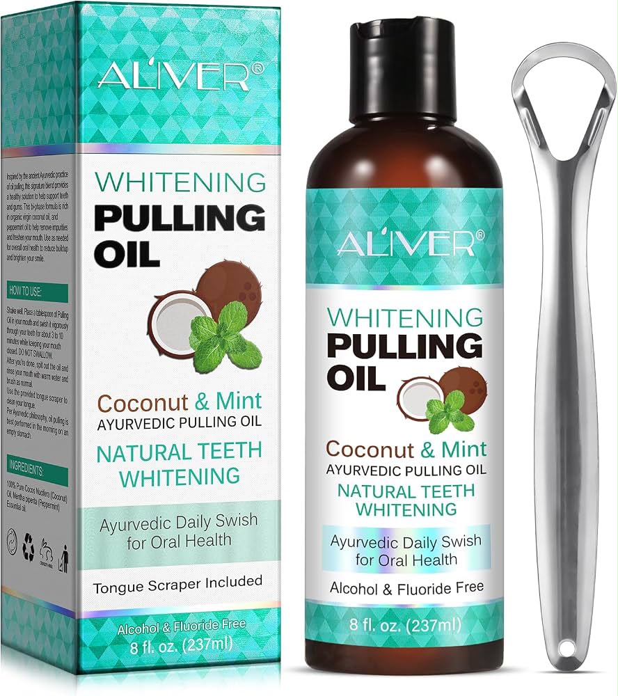 AL’IVER Whitening Pulling Oil Coconut & Mint – Aceite para Oil Pulling de Coco y Menta 237 mL con Limpiador de Lengua