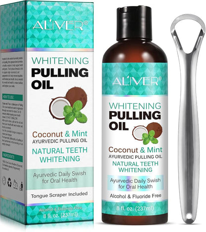 AL’IVER Whitening Pulling Oil Coconut & Mint – Aceite para Oil Pulling de Coco y Menta 237 mL con Limpiador de Lengua