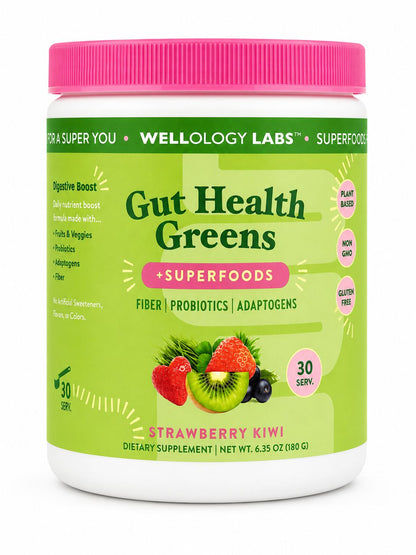 Wellology Labs Gut Health Greens – Suplemento Alimenticio en Polvo Sabor Fresa Kiwi 180 g
