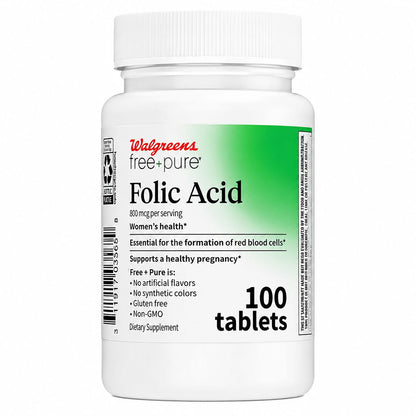 Walgreens Free + Pure Folic Acid – Suplemento Dietético de Ácido Fólico 800 mcg 100 Tabletas