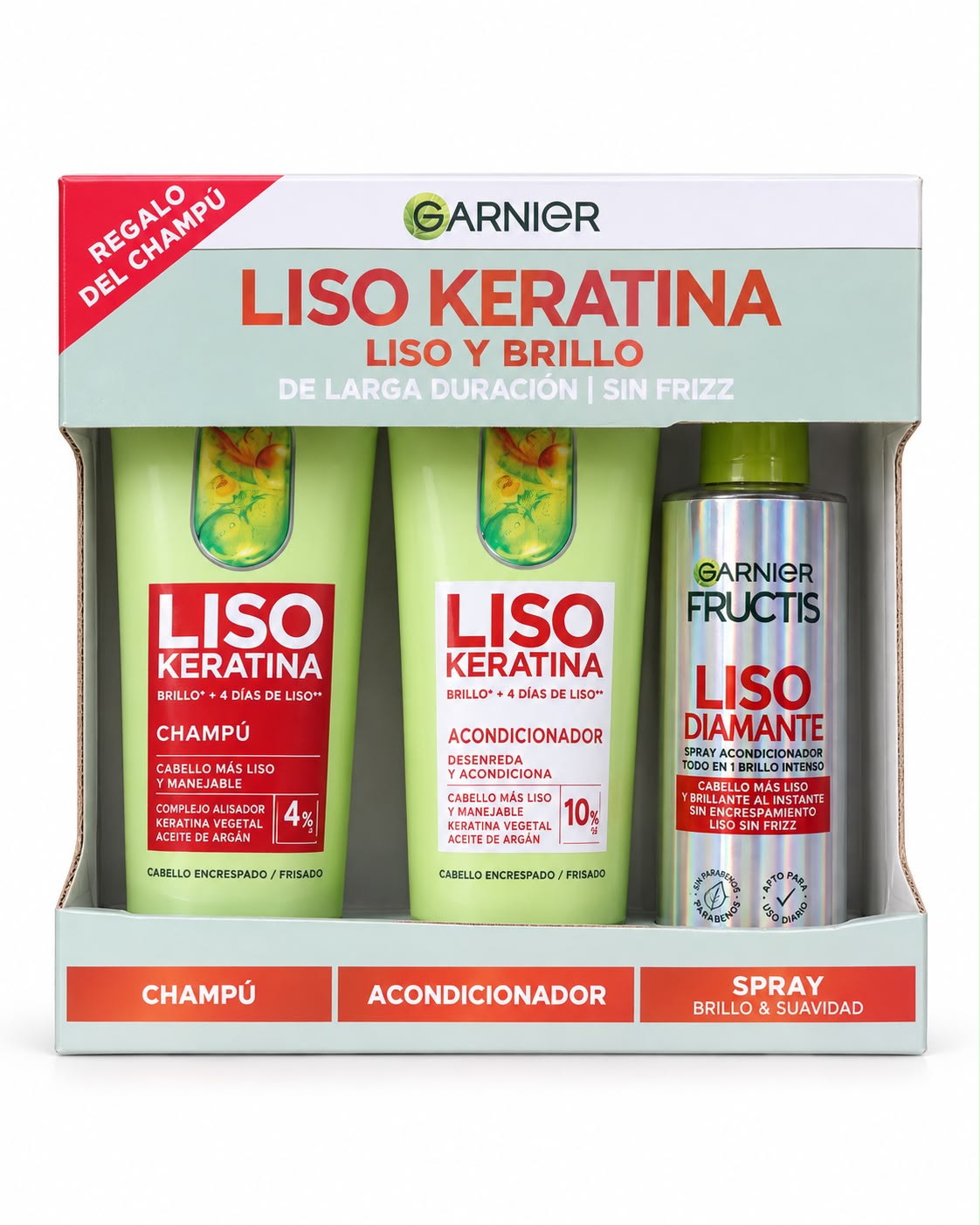 Garnier Fructis Liso Keratina – Set Champú, Acondicionador y Spray