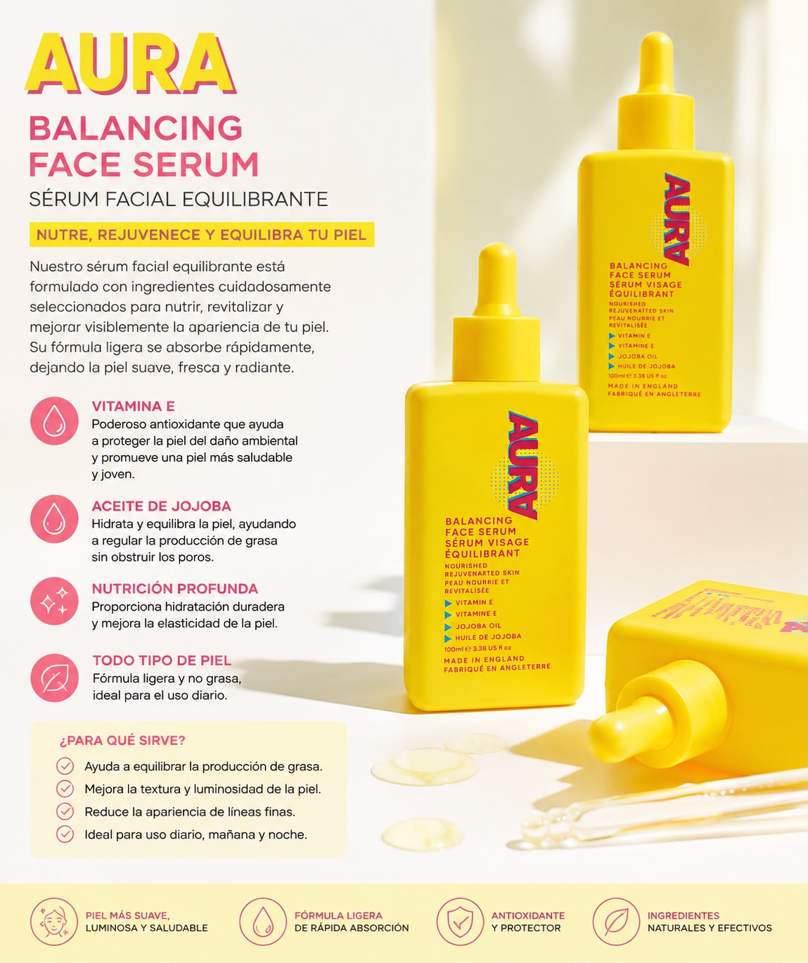 AURA Balancing Face Serum – Balancing Facial Serum with Vitamin E and Jojoba Oil, 100 mL