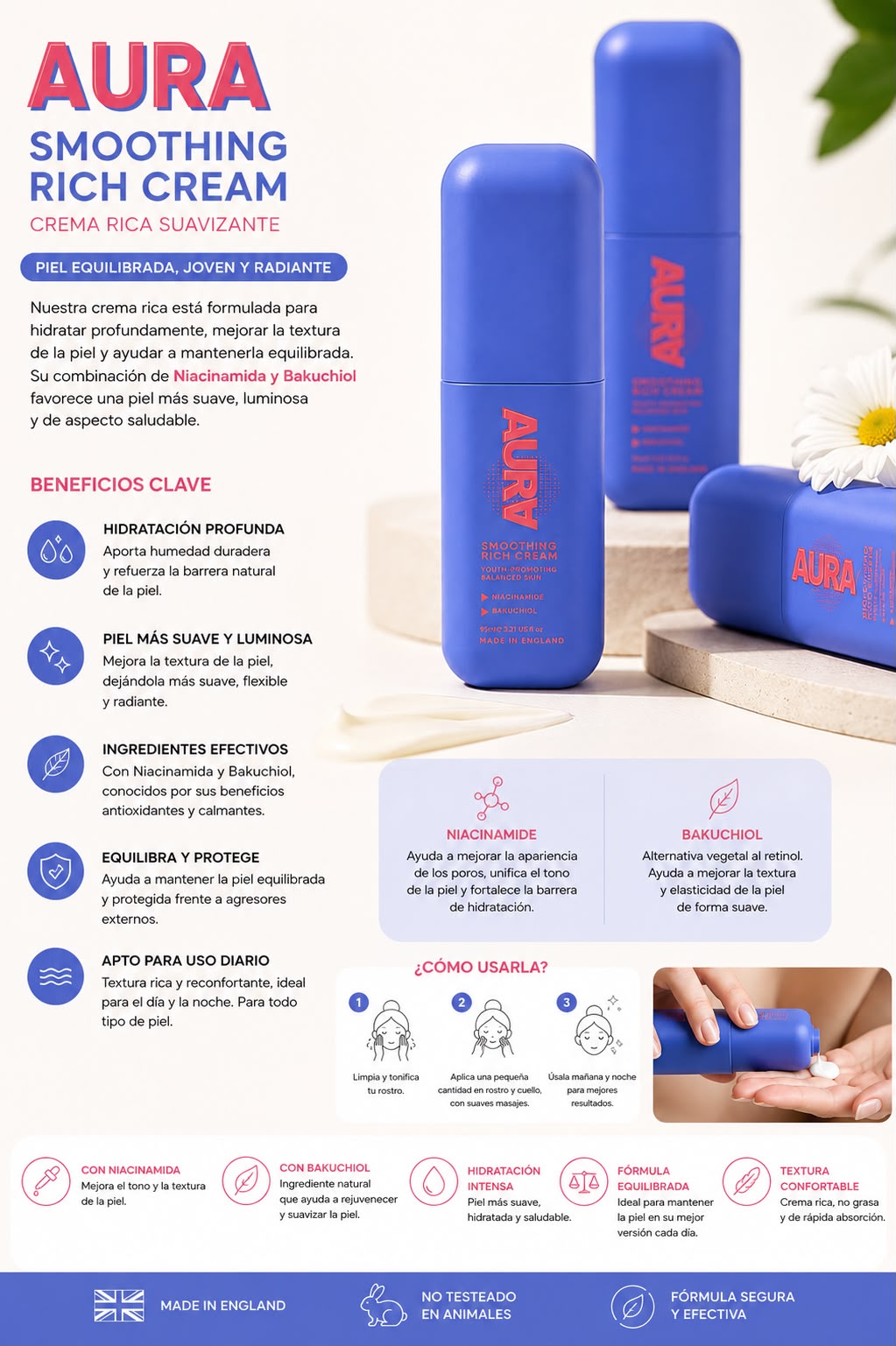 AURA Smoothing Rich Cream – Crema Facial Suavizante con Niacinamida y Bakuchiol 95 mL