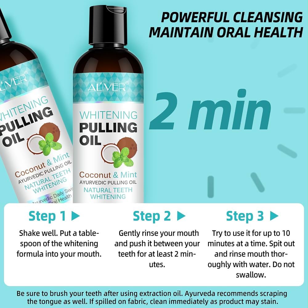 AL’IVER Whitening Pulling Oil Coconut & Mint – Aceite para Oil Pulling de Coco y Menta 237 mL con Limpiador de Lengua