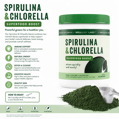 Wellology Labs Spirulina & Chlorella Superfood Boost – Mezcla en Polvo de Espirulina y Chlorella 198 g