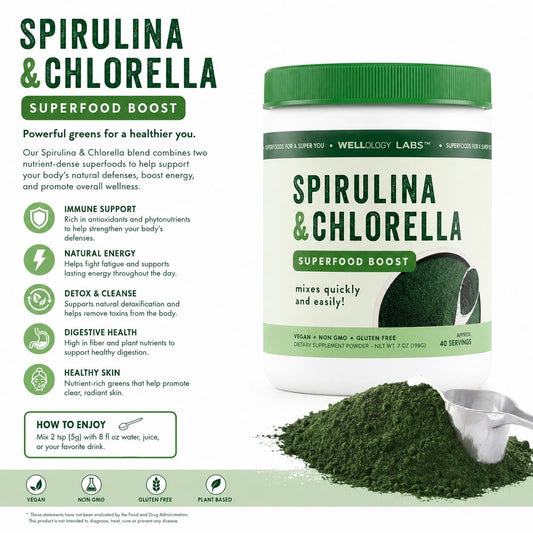 Wellology Labs Spirulina & Chlorella Superfood Boost – Mezcla en Polvo de Espirulina y Chlorella 198 g