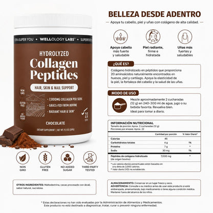 Wellology Labs Colágeno Hidrolizado – Suplemento Alimenticio en Polvo Sabor Chocolate 269 g
