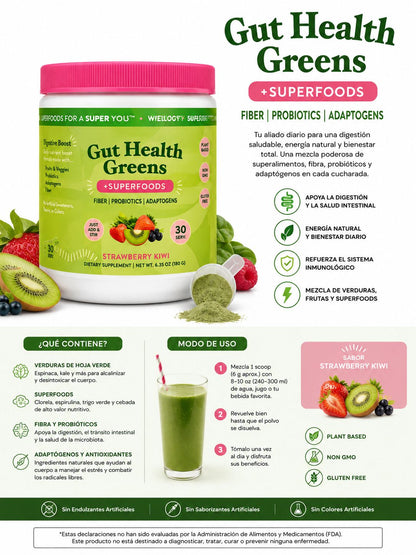 Wellology Labs Gut Health Greens – Suplemento Alimenticio en Polvo Sabor Fresa Kiwi 180 g