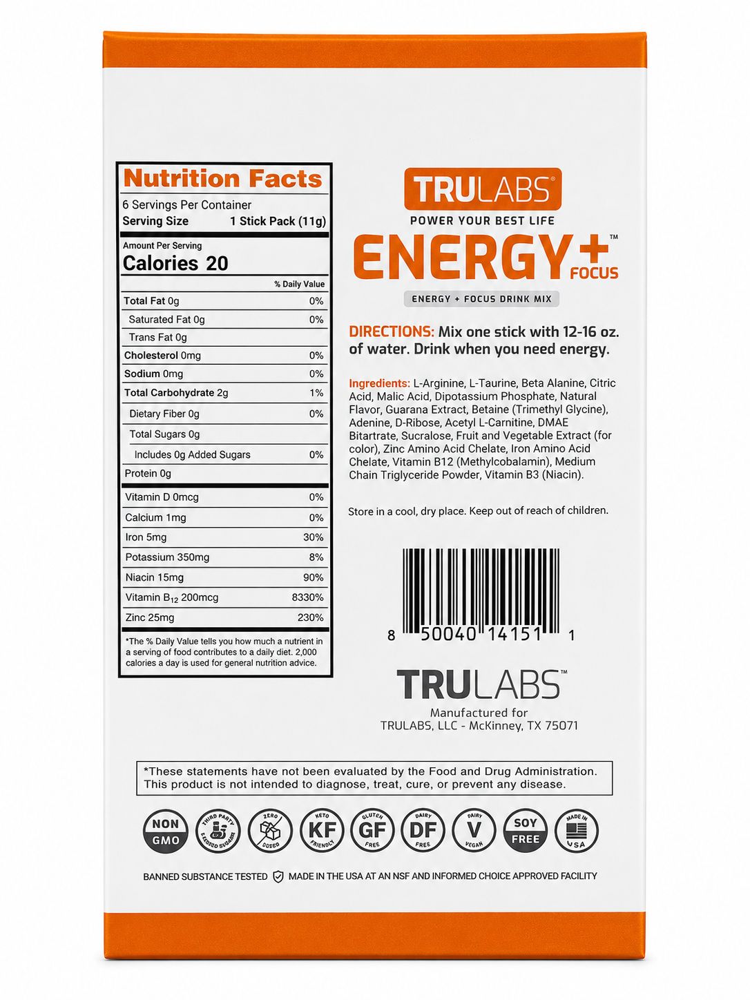 TRULABS Energy+ Focus – Mezcla en Polvo Energética Sabor Naranja Piña 6 Sobres