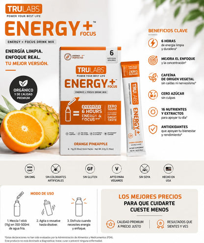 TRULABS Energy+ Focus – Mezcla en Polvo Energética Sabor Naranja Piña 6 Sobres