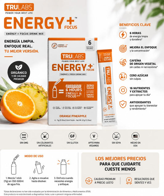 TRULABS Energy+ Focus – Mezcla en Polvo Energética Sabor Naranja Piña 6 Sobres