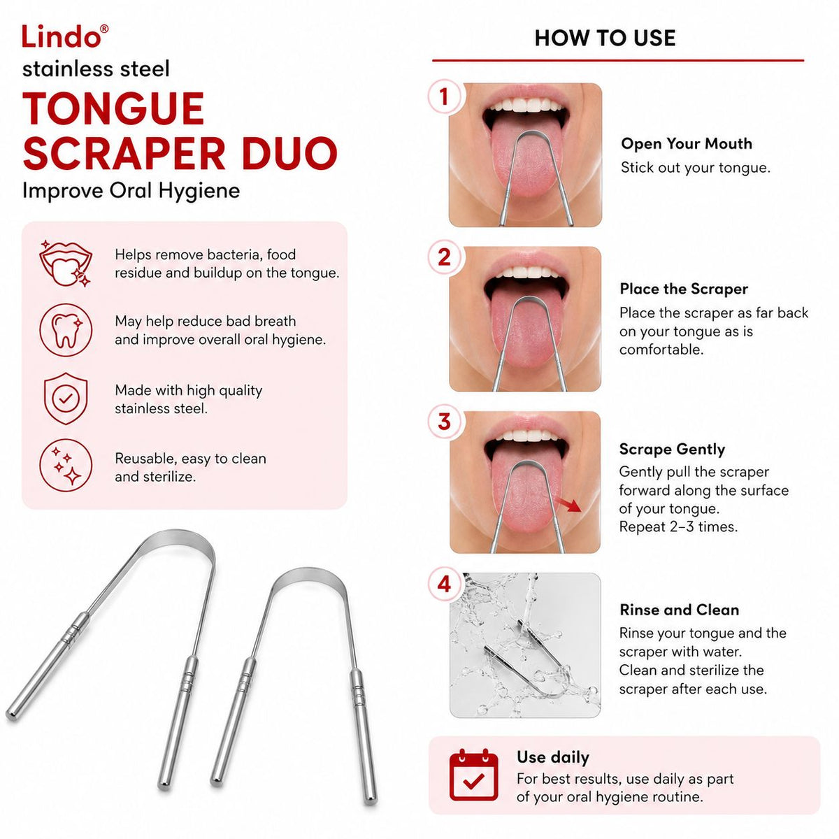 Lindo – Limpiadores de Lengua Dúo Acero Inoxidable 2 Unidades