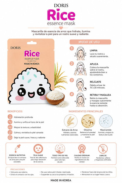 Doris Mascarilla Facial de Arroz – Mascarilla Facial en Tela con Extracto de Arroz 23 ml