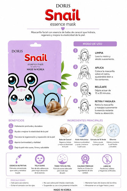 Doris Mascarilla Facial de Caracol – Mascarilla Facial en Tela con Filtrado de Secreción de Caracol 23 ml