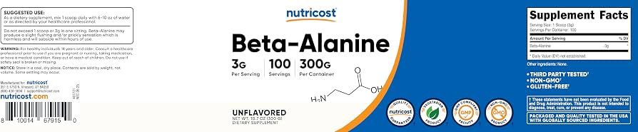 Nutricost Beta-Alanine Powder – Suplemento Dietético en Polvo 300 g | 100 Porciones