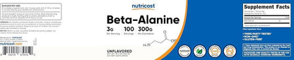 Nutricost Beta-Alanine Powder – Suplemento Dietético en Polvo 300 g | 100 Porciones