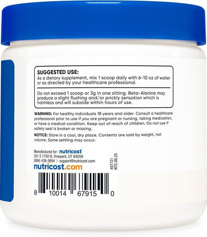 Nutricost Beta-Alanine Powder – Suplemento Dietético en Polvo 300 g | 100 Porciones