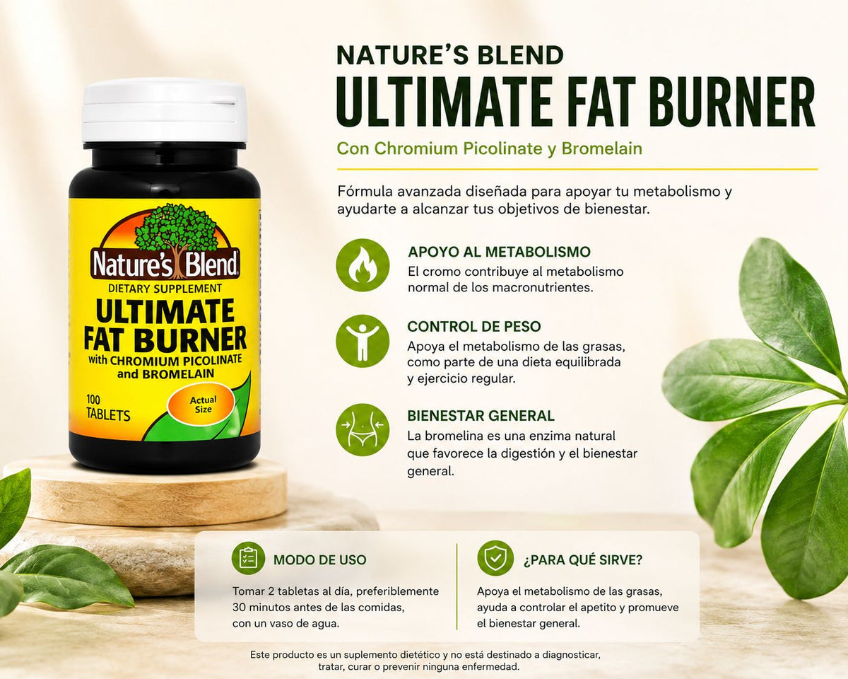 Nature’s Blend Ultimate Fat Burner – Suplemento Dietético con Chromium Picolinate y Bromelain 100 Tabletas