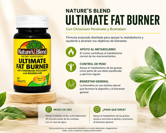 Nature’s Blend Ultimate Fat Burner – Suplemento Dietético con Chromium Picolinate y Bromelain 100 Tabletas