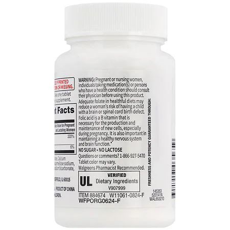 Walgreens Free + Pure Folic Acid – Suplemento Dietético de Ácido Fólico 800 mcg 100 Tabletas