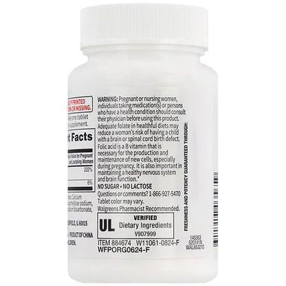 Walgreens Free + Pure Folic Acid – Suplemento Dietético de Ácido Fólico 800 mcg 100 Tabletas