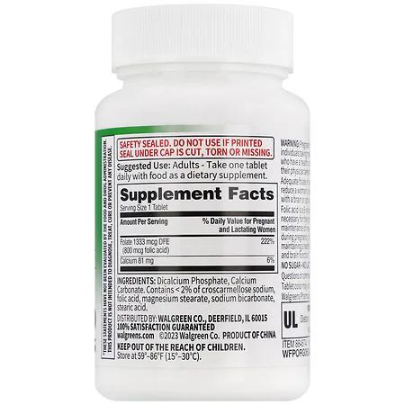 Walgreens Free + Pure Folic Acid – Suplemento Dietético de Ácido Fólico 800 mcg 100 Tabletas