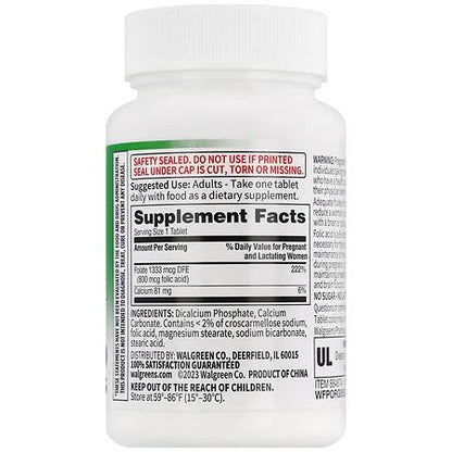 Walgreens Free + Pure Folic Acid – Suplemento Dietético de Ácido Fólico 800 mcg 100 Tabletas