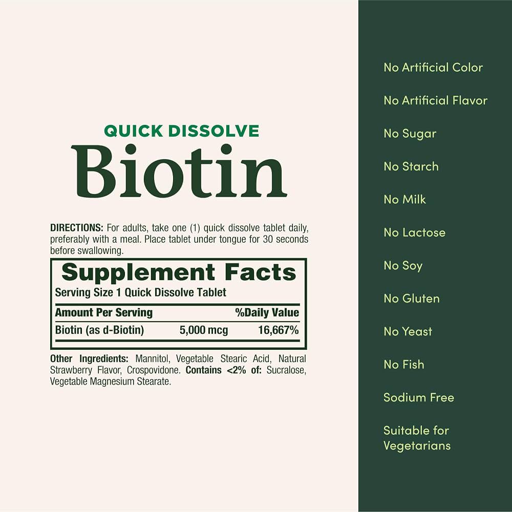 Nature’s Bounty Biotin – Suplemento de Biotina 5000 mcg 60 Tabletas de Disolución Rápida