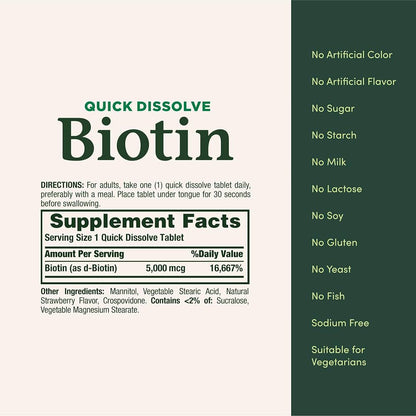 Nature’s Bounty Biotin – Suplemento de Biotina 5000 mcg 60 Tabletas de Disolución Rápida