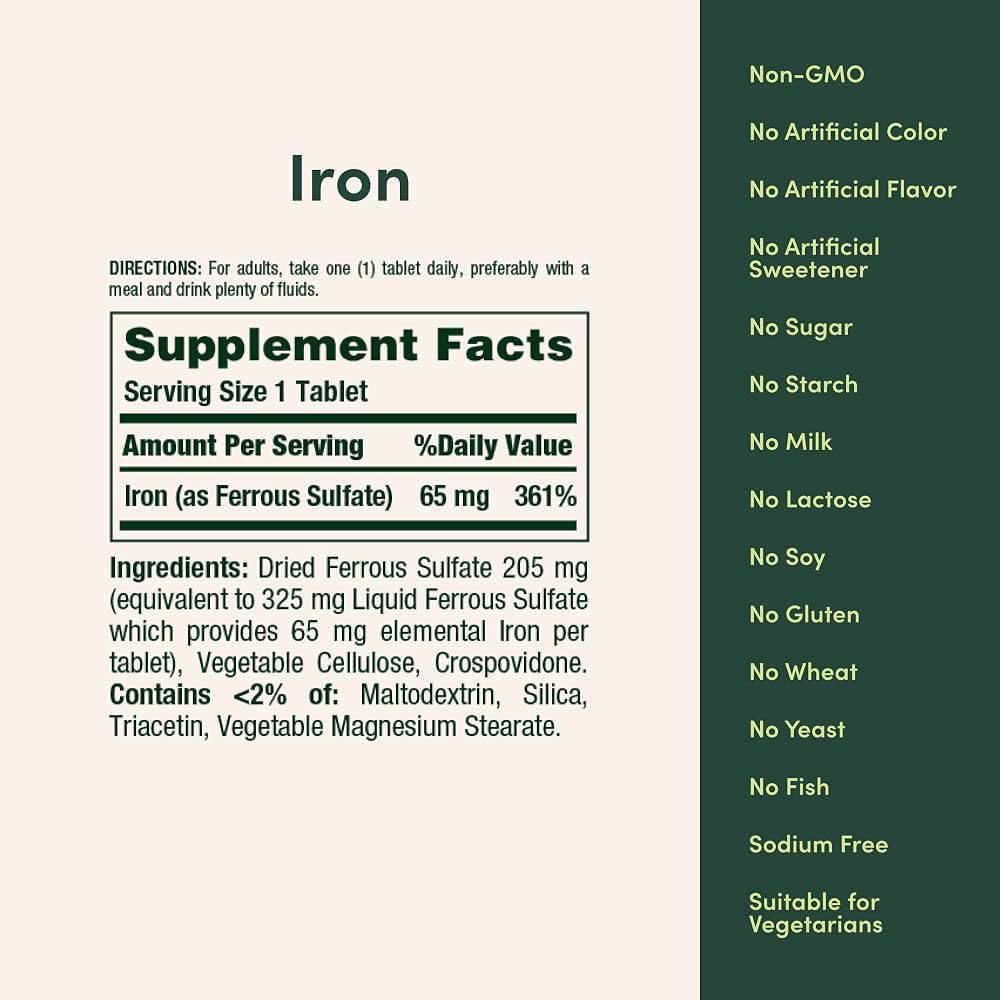 Nature’s Bounty Iron 65 mg – Suplemento Mineral de Hierro 100 Tabletas