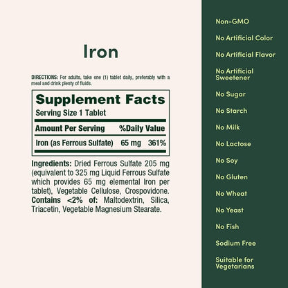 Nature’s Bounty Iron 65 mg – Suplemento Mineral de Hierro 100 Tabletas