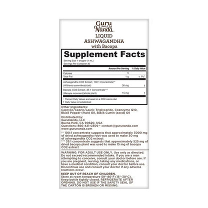 GuruNanda Liquid Ashwagandha with Bacopa – Suplemento Dietético Líquido 30 ml