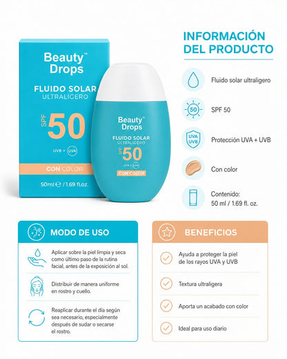 Beauty Drops – Fluido Solar Facial Ultraligero con Color SPF 50, 50 ml