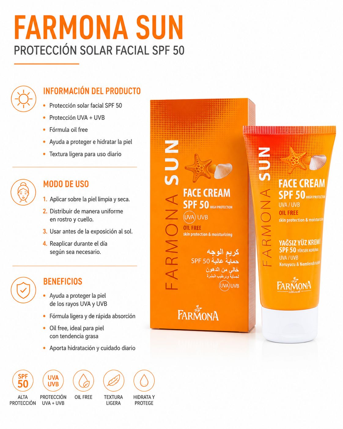 Farmona Sun – Crema Facial Solar Oil-Free SPF 50, 50 ml